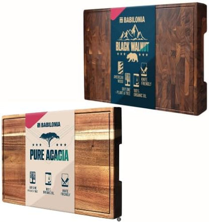 Acacia & Walnut Wood Cutting Board Set – Extra Thick Butcher Blocks for Meat, Cheese & Charcuterie – Heavy Duty Edge & End Grain Chopping Boards with Handles – Includes Oil Bottle & Plate