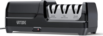 Yatoshi Electric Sharpener, 50-Watt, Diamond Abrasives and Precision Angle Guides, 20-Degree Straight-Edge and Serrated Knives, 3 Stage