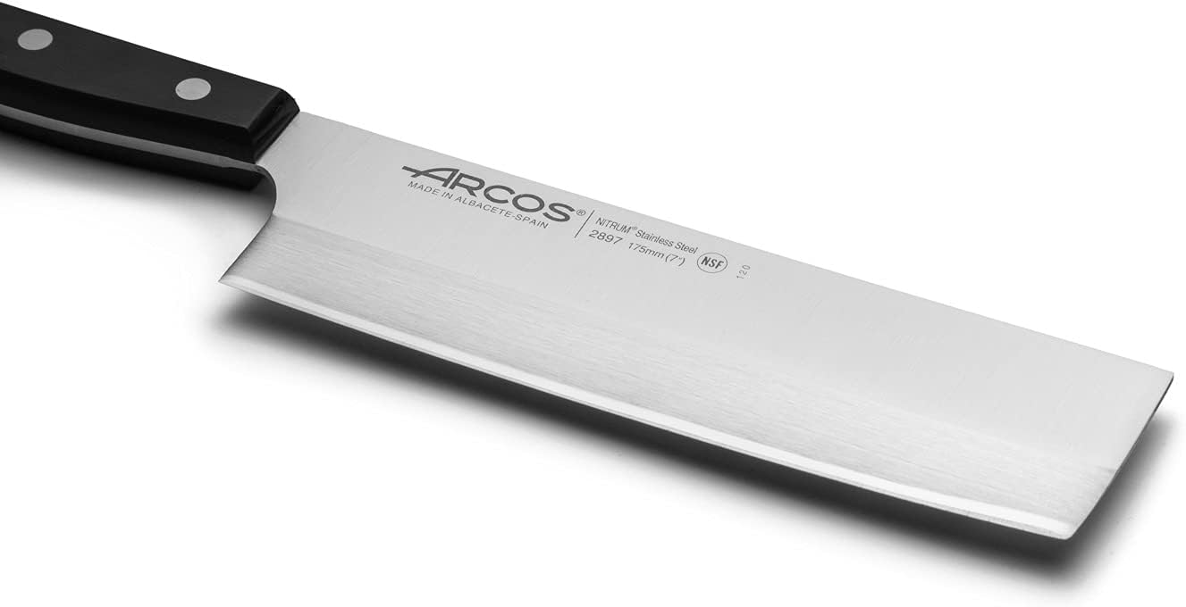 Arcos Usuba Knife 7 Inch Nitrum Stainless Steel and 175 mm Blade. Very useful utensil for professional peeling and chopping of vegetables. Polyoxymethylene (POM) handle. Series Universal. Color Black