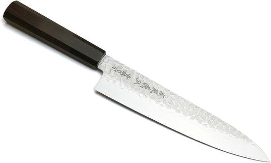 Yoshihiro Super Blue Steel Stainless Clad Hammered Gyuto Chefs Knife Rosewood Handle (8.25"(210mm) & Saya)