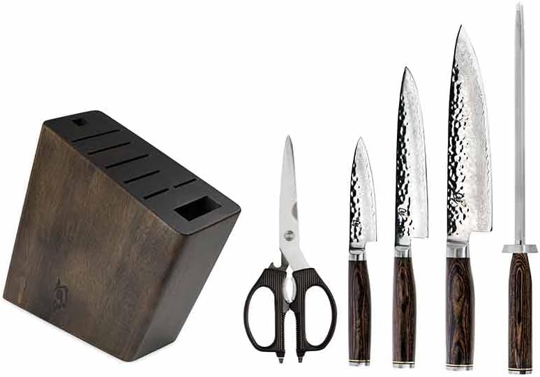 Shun Premier 8 Piece Professional Block Set, Features 6 Shun Premier Knives, Honing Steel and 11-Slot Bamboo Knife Block, Handcrafted Japanese Knife Set, Pakkawood Handles