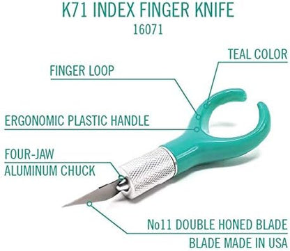 Excel Blades K71 Fingertip Craft Knife – 7-Inch Ergonomic Hobby Knife with Finger Loop – Precision Cutting Tool for Paper, Vinyl, Foam, and Stencils – Includes #11 Blade and Safety Cap – Teal Green