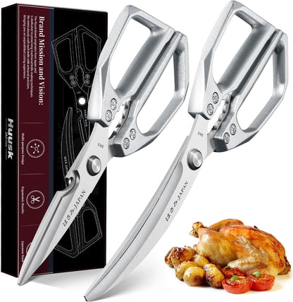 Huusk Kitchen Scissors for Food - Multifunction Kitchen Shears Heavy Duty | Japanese Stainless Steel Meat Scissors for Fish, Vegetables, Chicken Bones, Turkey, Comfortable Handles, Gifts for Women