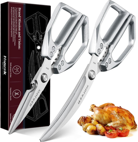 Huusk Kitchen Scissors for Food - Multifunction Kitchen Shears Heavy Duty | Japanese Stainless Steel Meat Scissors for Fish, Vegetables, Chicken Bones, Turkey, Comfortable Handles, Gifts for Women