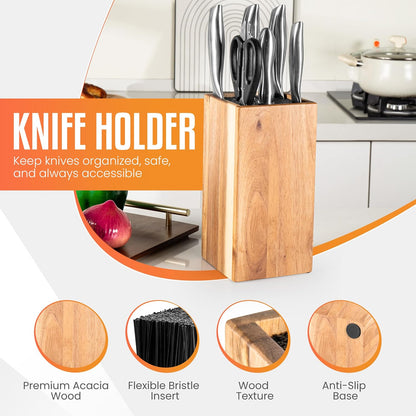 Acacia Wood Angled Knife Block with Multi-Purpose Holder – Universal Kitchen Knife Storage with Removable Bristle Insert (black bamboo, small)