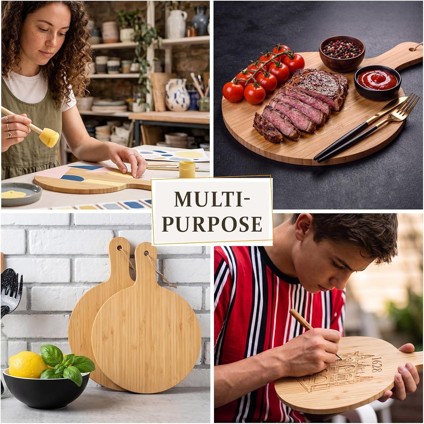 18 Pcs Cutting Board Bulk 15" x 7" Original Bamboo Chopping Board with Handle Wood Charcuterie Plank Engraving Serving Kitchen Planks for Wedding Housewarming Gift(Original Bamboo Color)