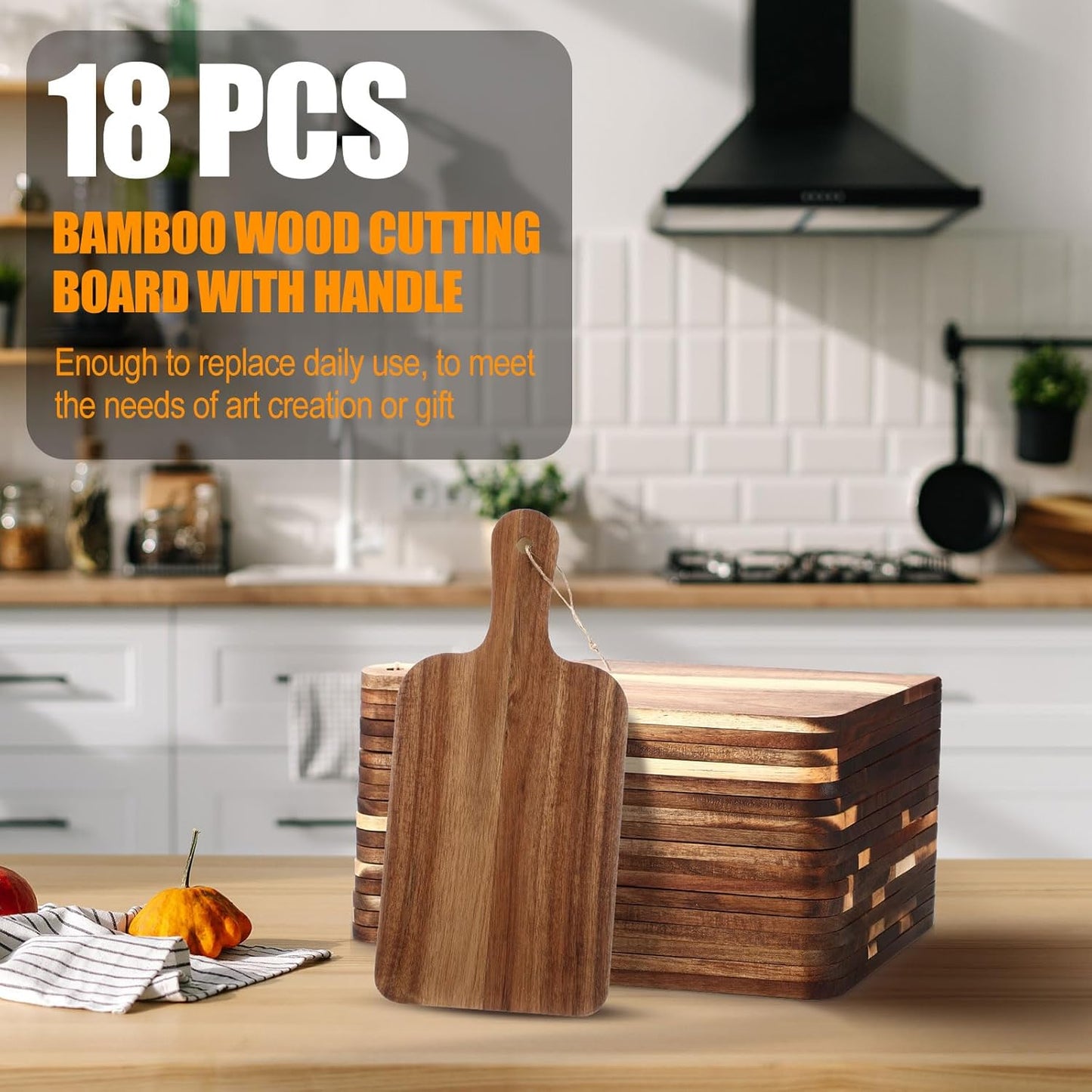 18 Pcs Cutting Board Bulk 15" x 7" Original Bamboo Chopping Board with Handle Wood Charcuterie Plank Engraving Serving Kitchen Planks for Wedding Housewarming Gift(Original Bamboo Color)