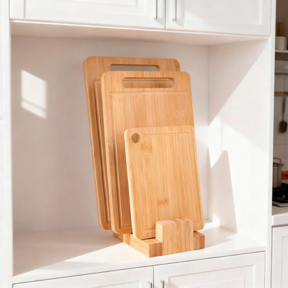 Bamboo Cutting Board Organizer Rack - Pot Lid, Baking Pan, Bakeware & Knife Holder, Cabinet and Countertop Storage Stand for Kitchen, Dish, Plate, and Cookbook