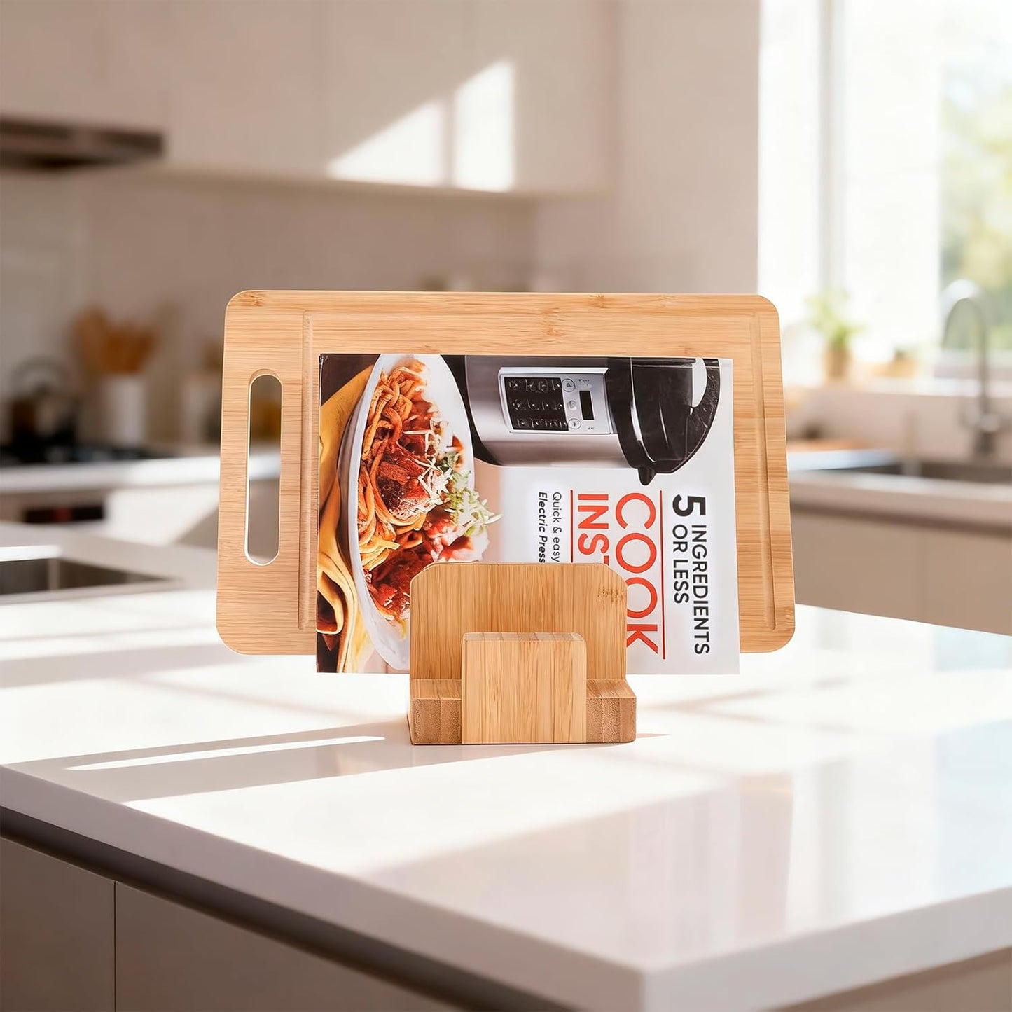 Bamboo Cutting Board Organizer Rack - Pot Lid, Baking Pan, Bakeware & Knife Holder, Cabinet and Countertop Storage Stand for Kitchen, Dish, Plate, and Cookbook