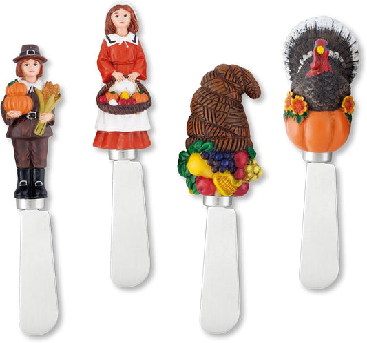 Harvest Cheese Spreaders, Hand-Painted Resin Handles with Stainless Steel Blades for Spreading Cream Cheese, Butter, and Jam, Assorted Thanksgiving Designs, Set of 4