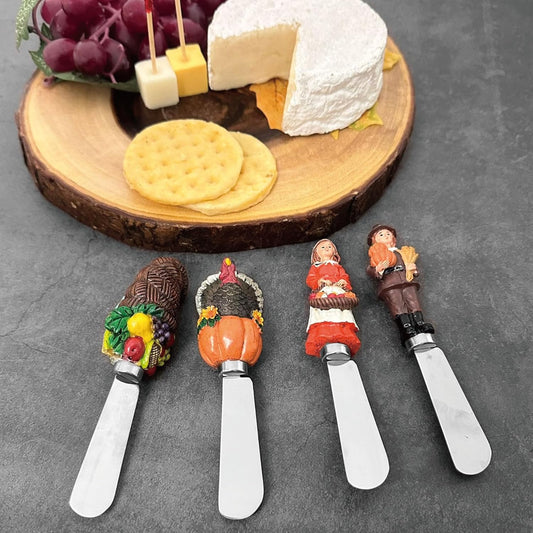 Harvest Cheese Spreaders, Hand-Painted Resin Handles with Stainless Steel Blades for Spreading Cream Cheese, Butter, and Jam, Assorted Thanksgiving Designs, Set of 4