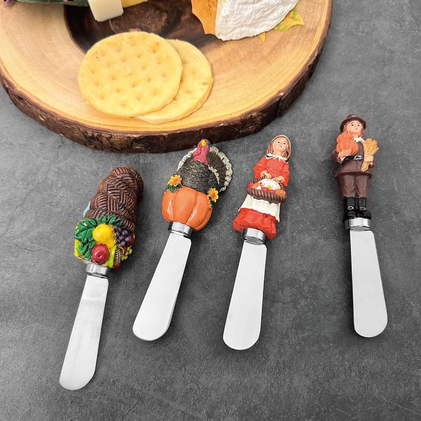 Harvest Cheese Spreaders, Hand-Painted Resin Handles with Stainless Steel Blades for Spreading Cream Cheese, Butter, and Jam, Assorted Thanksgiving Designs, Set of 4