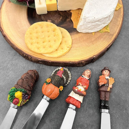 Harvest Cheese Spreaders, Hand-Painted Resin Handles with Stainless Steel Blades for Spreading Cream Cheese, Butter, and Jam, Assorted Thanksgiving Designs, Set of 4