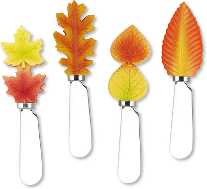 Harvest Cheese Spreaders, Hand-Painted Resin Handles with Stainless Steel Blades for Spreading Cream Cheese, Butter, and Jam, Assorted Thanksgiving Designs, Set of 4