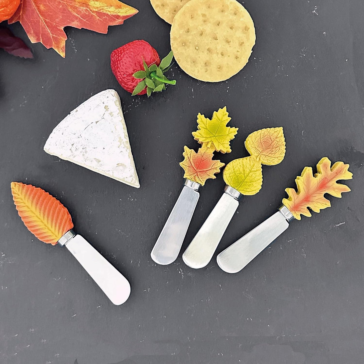 Harvest Cheese Spreaders, Hand-Painted Resin Handles with Stainless Steel Blades for Spreading Cream Cheese, Butter, and Jam, Assorted Thanksgiving Designs, Set of 4