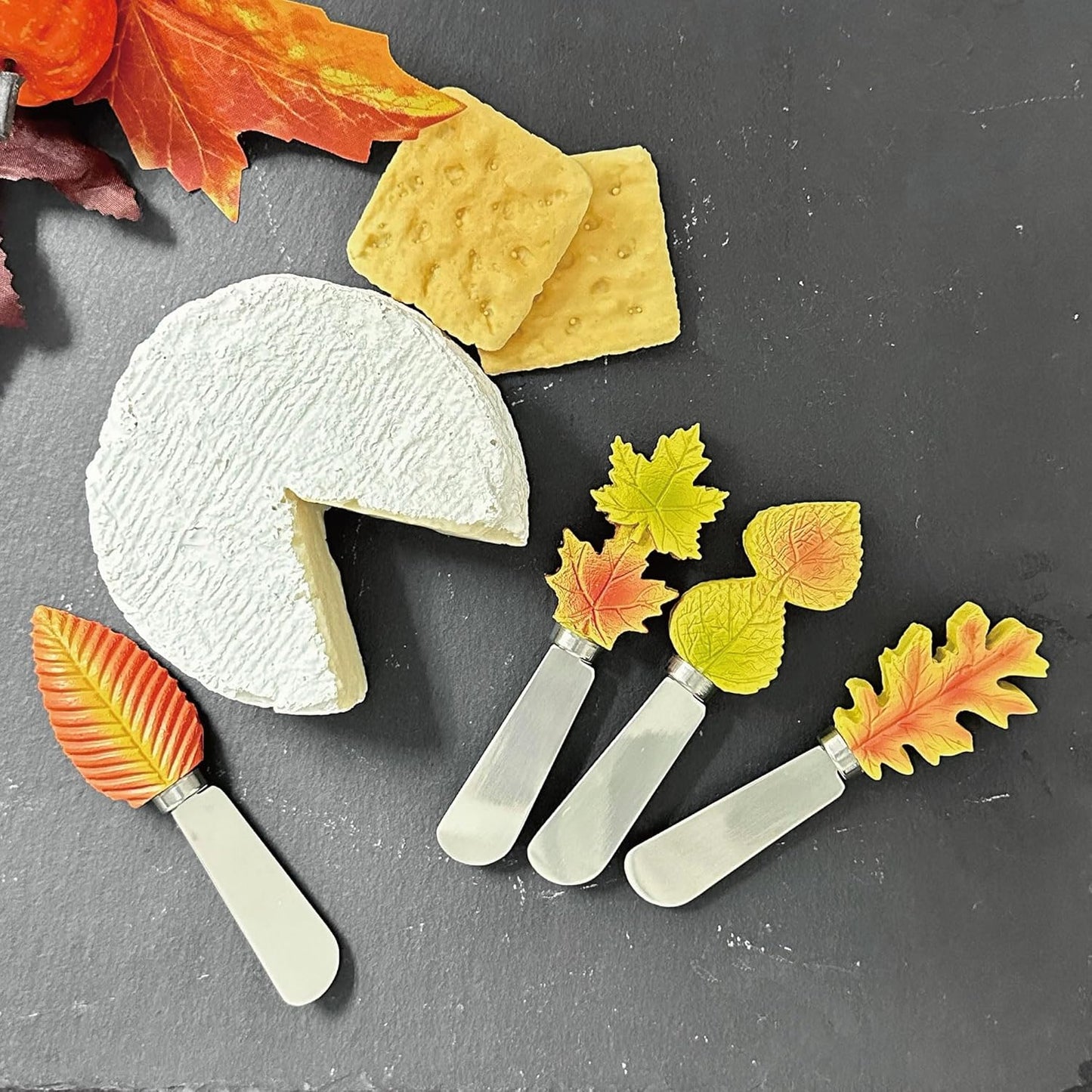 Harvest Cheese Spreaders, Hand-Painted Resin Handles with Stainless Steel Blades for Spreading Cream Cheese, Butter, and Jam, Assorted Thanksgiving Designs, Set of 4