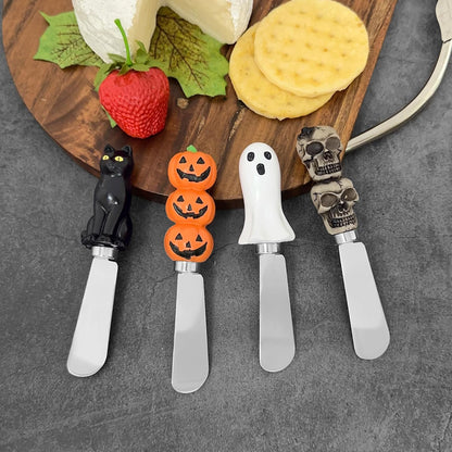Harvest Cheese Spreaders, Hand-Painted Resin Handles with Stainless Steel Blades for Spreading Cream Cheese, Butter, and Jam, Assorted Thanksgiving Designs, Set of 4