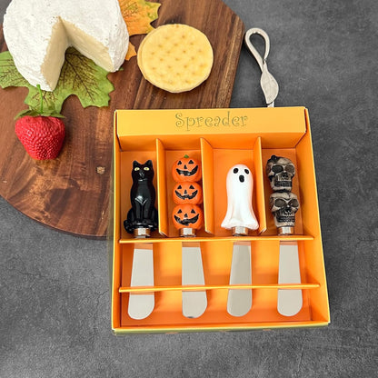 Harvest Cheese Spreaders, Hand-Painted Resin Handles with Stainless Steel Blades for Spreading Cream Cheese, Butter, and Jam, Assorted Thanksgiving Designs, Set of 4