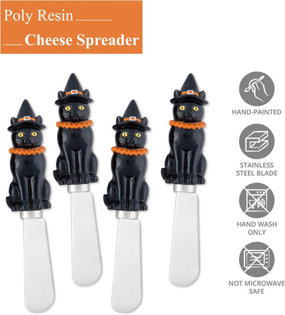 Harvest Cheese Spreaders, Hand-Painted Resin Handles with Stainless Steel Blades for Spreading Cream Cheese, Butter, and Jam, Assorted Thanksgiving Designs, Set of 4