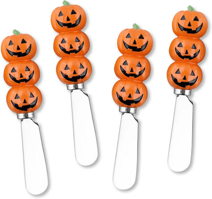 Harvest Cheese Spreaders, Hand-Painted Resin Handles with Stainless Steel Blades for Spreading Cream Cheese, Butter, and Jam, Assorted Thanksgiving Designs, Set of 4