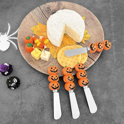 Harvest Cheese Spreaders, Hand-Painted Resin Handles with Stainless Steel Blades for Spreading Cream Cheese, Butter, and Jam, Assorted Thanksgiving Designs, Set of 4