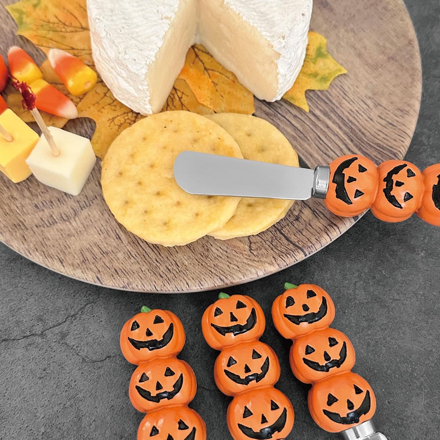 Harvest Cheese Spreaders, Hand-Painted Resin Handles with Stainless Steel Blades for Spreading Cream Cheese, Butter, and Jam, Assorted Thanksgiving Designs, Set of 4