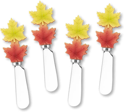 Harvest Cheese Spreaders, Hand-Painted Resin Handles with Stainless Steel Blades for Spreading Cream Cheese, Butter, and Jam, Assorted Thanksgiving Designs, Set of 4
