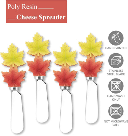 Harvest Cheese Spreaders, Hand-Painted Resin Handles with Stainless Steel Blades for Spreading Cream Cheese, Butter, and Jam, Assorted Thanksgiving Designs, Set of 4