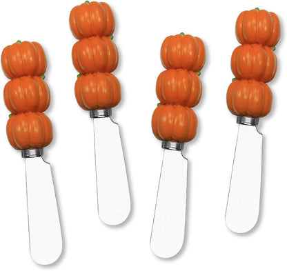Harvest Cheese Spreaders, Hand-Painted Resin Handles with Stainless Steel Blades for Spreading Cream Cheese, Butter, and Jam, Assorted Thanksgiving Designs, Set of 4