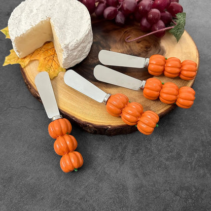 Harvest Cheese Spreaders, Hand-Painted Resin Handles with Stainless Steel Blades for Spreading Cream Cheese, Butter, and Jam, Assorted Thanksgiving Designs, Set of 4