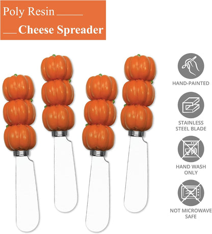 Harvest Cheese Spreaders, Hand-Painted Resin Handles with Stainless Steel Blades for Spreading Cream Cheese, Butter, and Jam, Assorted Thanksgiving Designs, Set of 4