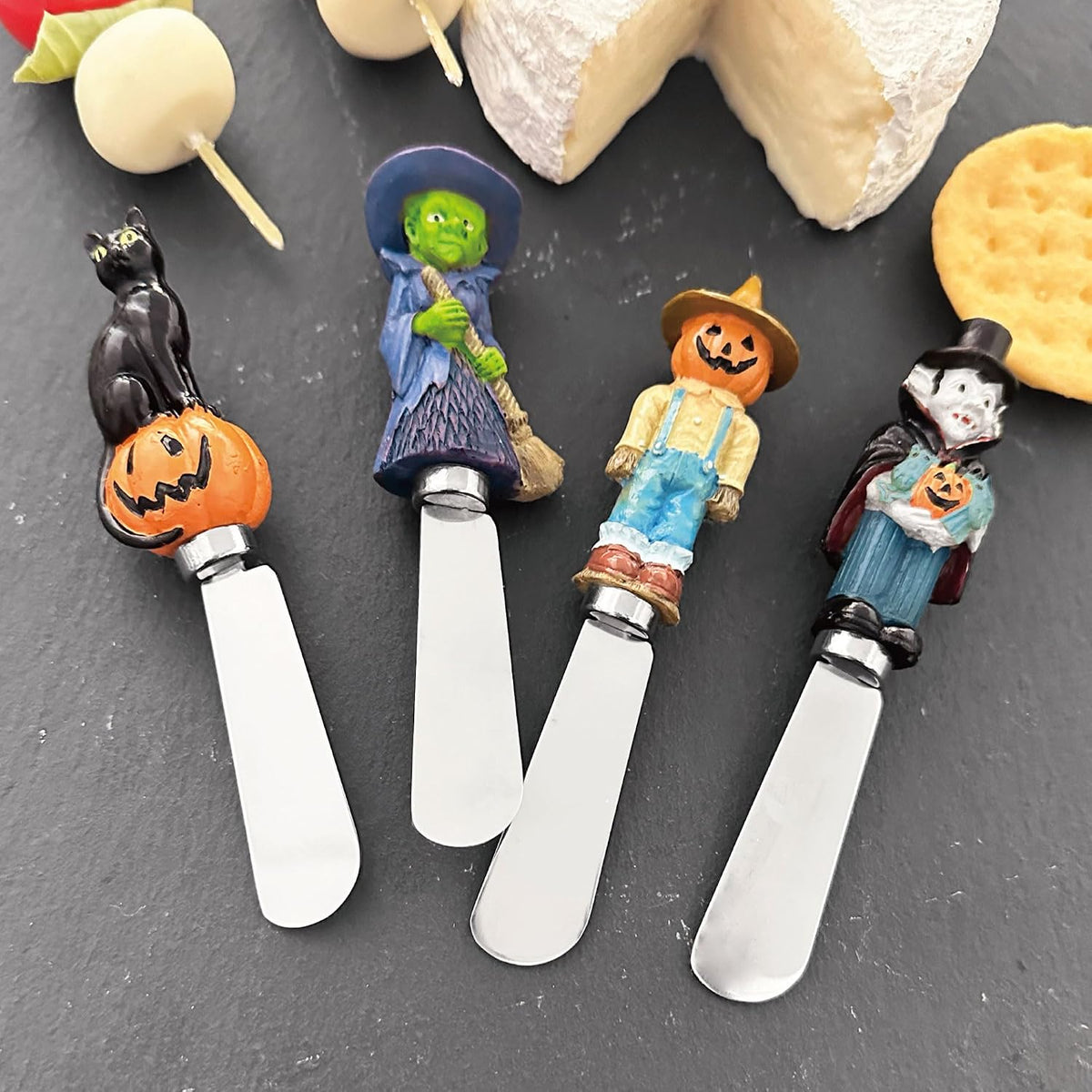 Harvest Cheese Spreaders, Hand-Painted Resin Handles with Stainless Steel Blades for Spreading Cream Cheese, Butter, and Jam, Assorted Thanksgiving Designs, Set of 4