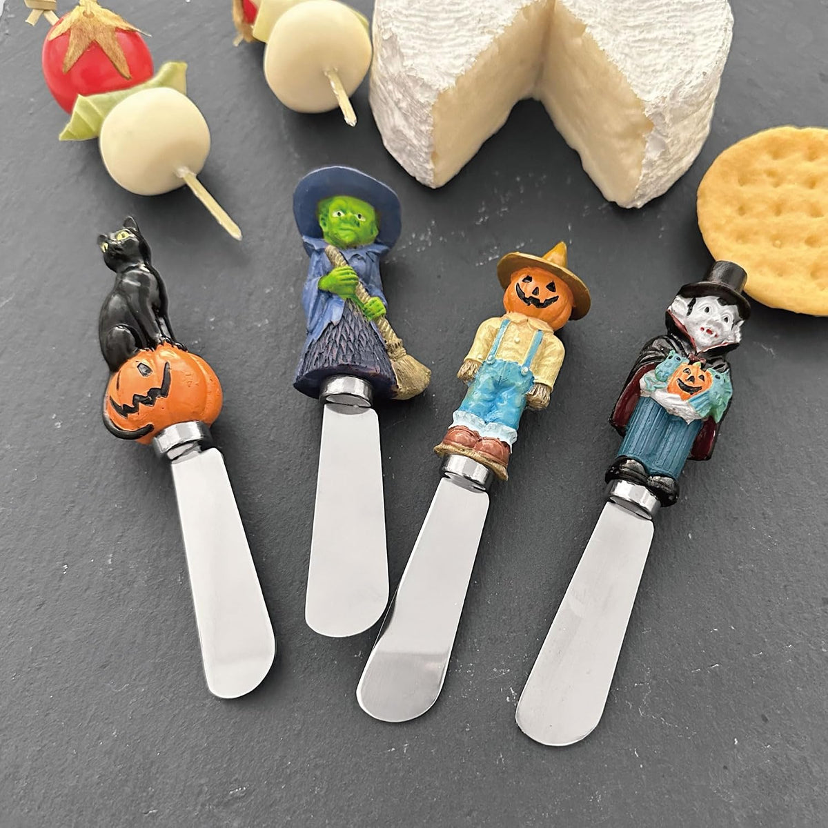 Harvest Cheese Spreaders, Hand-Painted Resin Handles with Stainless Steel Blades for Spreading Cream Cheese, Butter, and Jam, Assorted Thanksgiving Designs, Set of 4