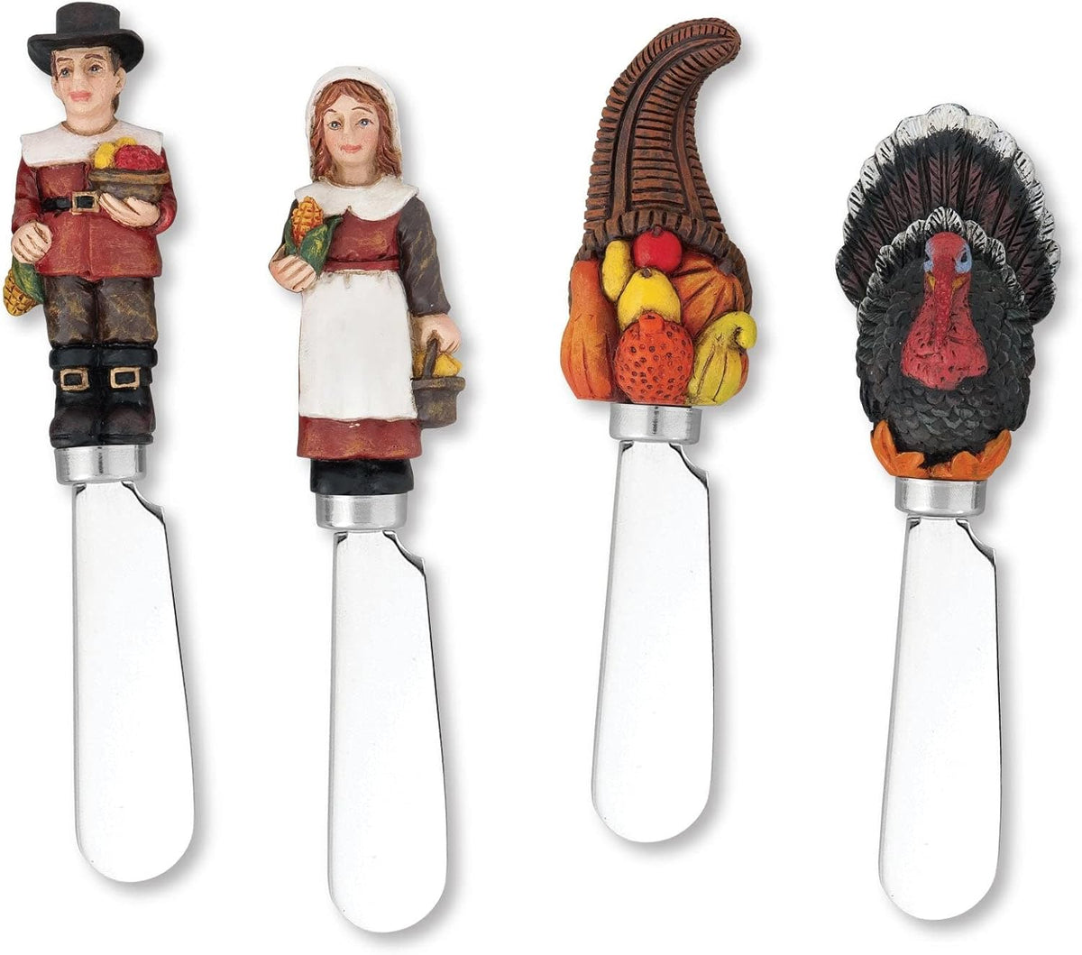 Harvest Cheese Spreaders, Hand-Painted Resin Handles with Stainless Steel Blades for Spreading Cream Cheese, Butter, and Jam, Assorted Thanksgiving Designs, Set of 4