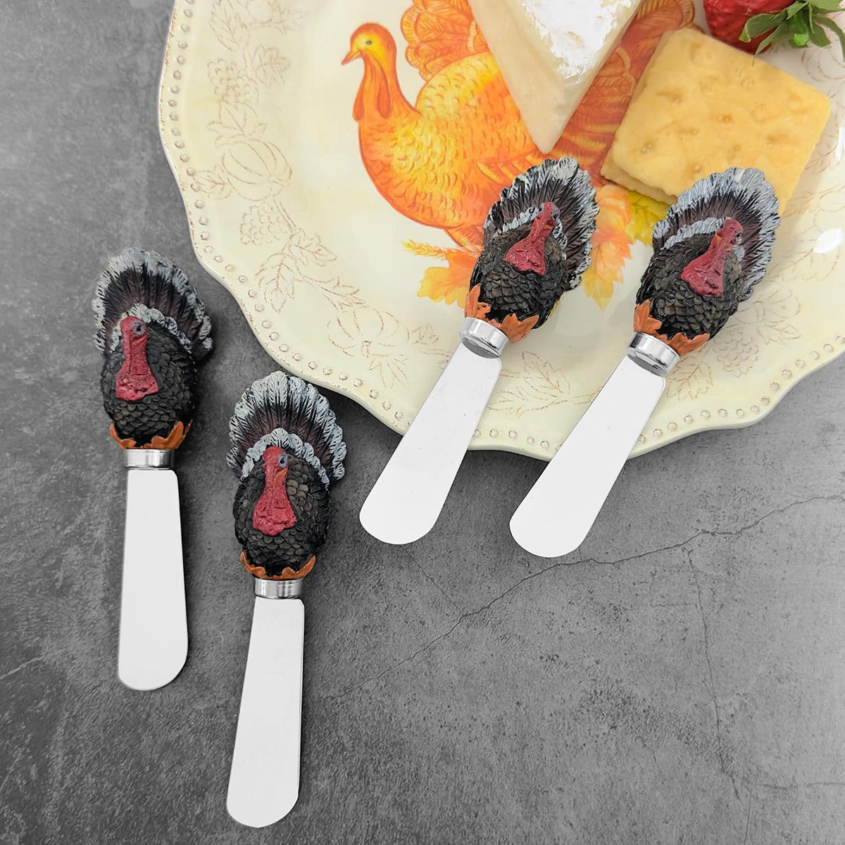 Harvest Cheese Spreaders, Hand-Painted Resin Handles with Stainless Steel Blades for Spreading Cream Cheese, Butter, and Jam, Assorted Thanksgiving Designs, Set of 4