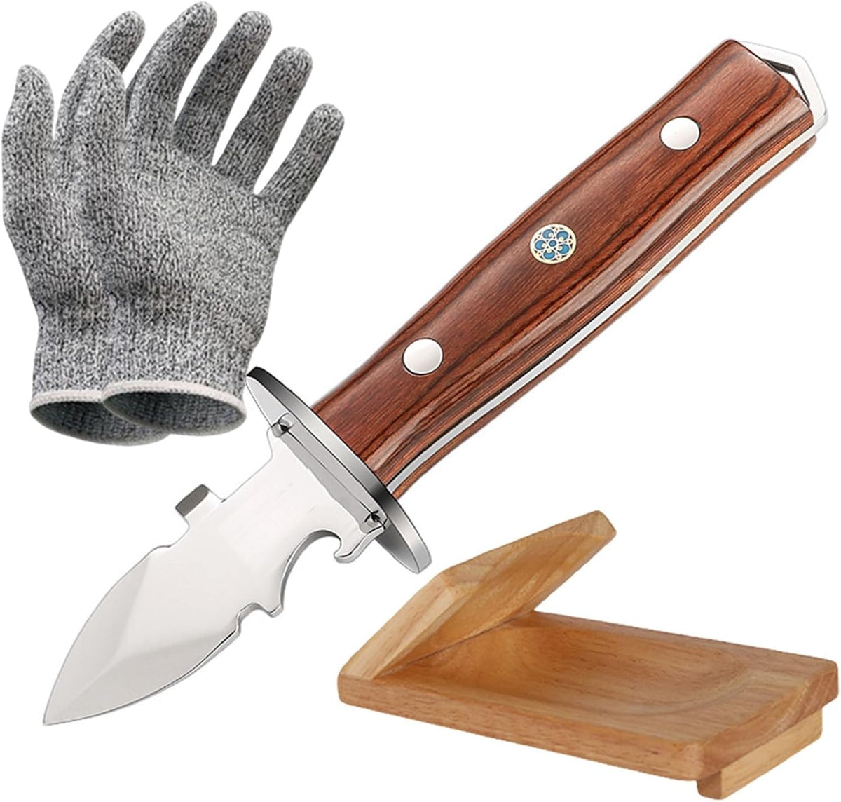 Oyster Shucking Knife with Bottle Opener and Gloves Set Wooden Handle with Oyster Clamp Wood