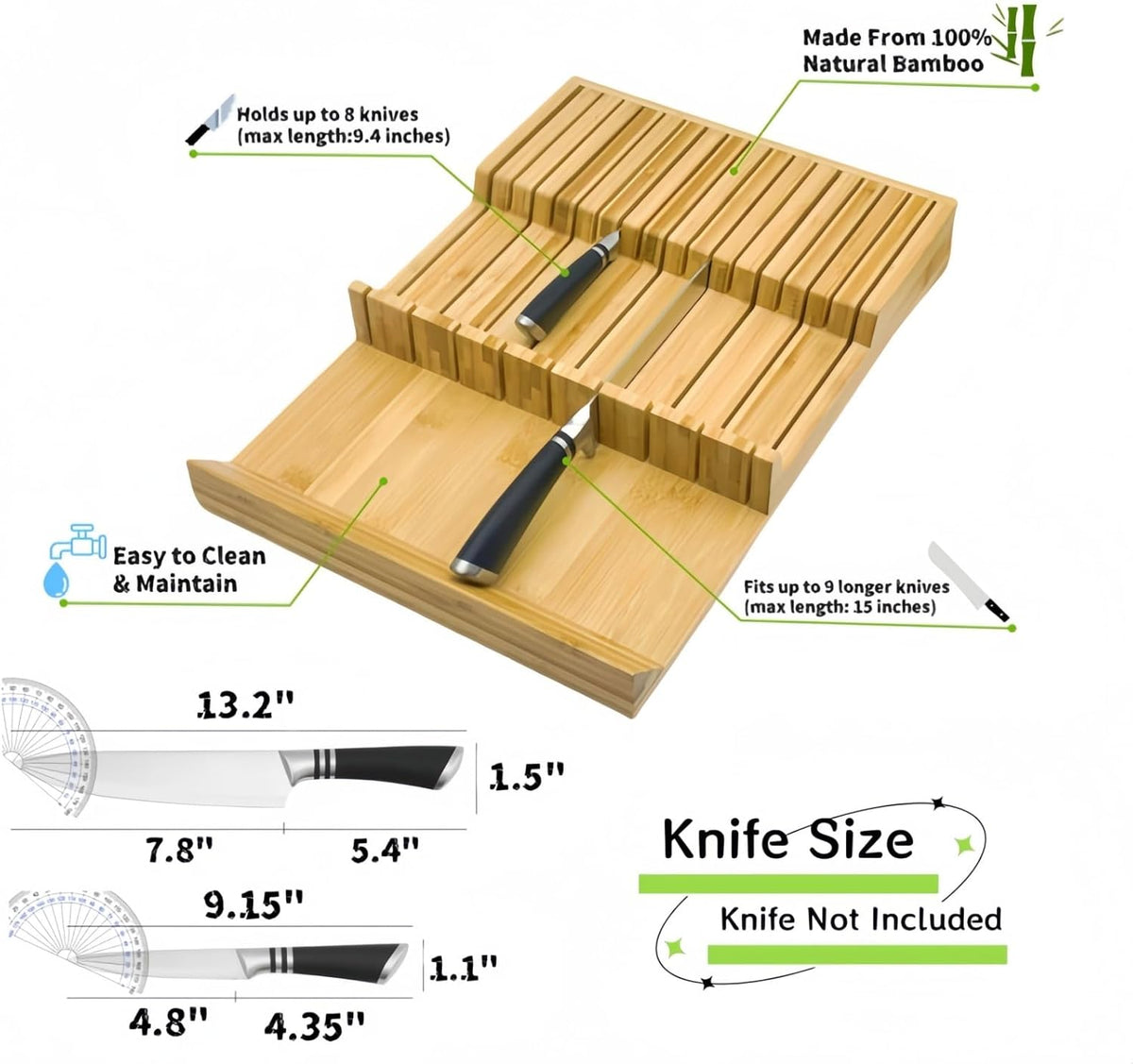 In-Drawer Bamboo Knife Block, 17-Slot Anti-Slip Space-Saving Storage | Fits Most Standard Drawers | Holds Up to 17 Knives | Natural Bamboo Finish | Secure Stable Knife Drawer Insert Organizer 2