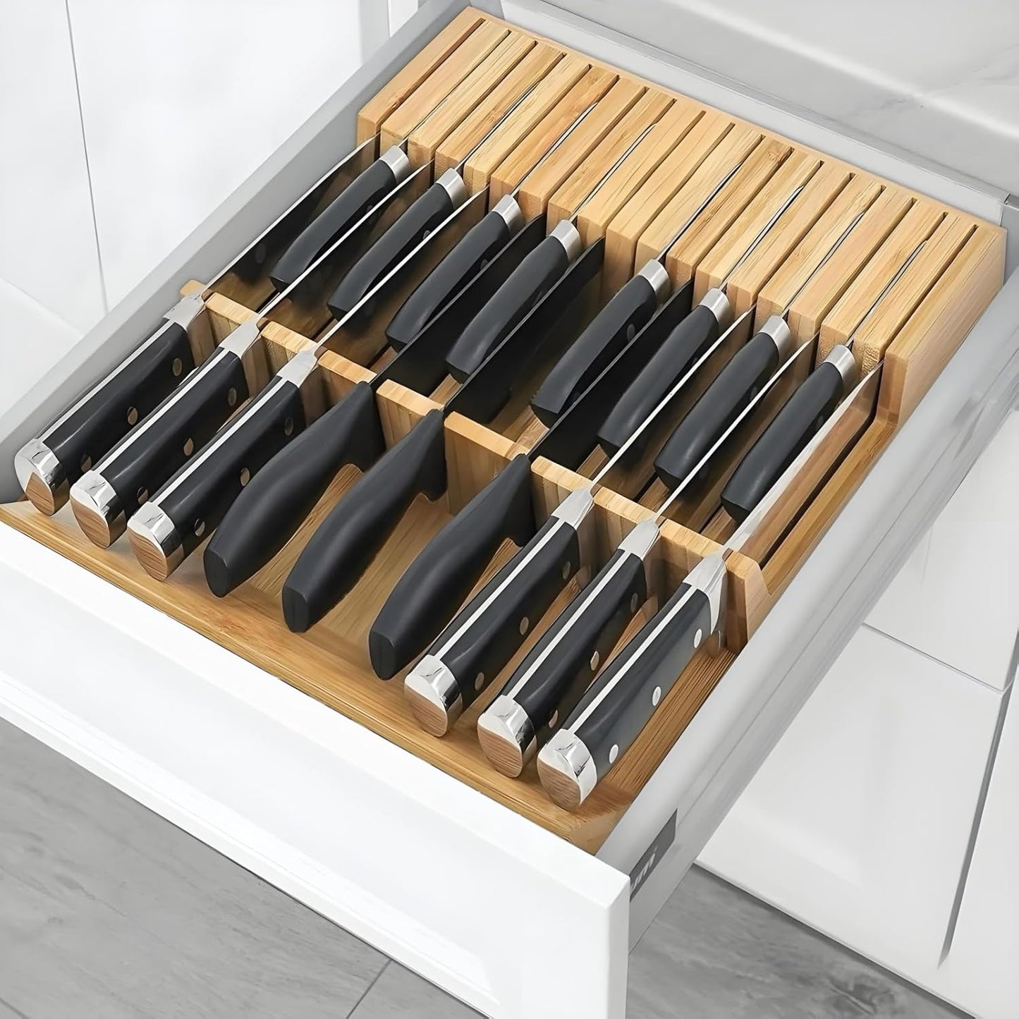 In-Drawer Bamboo Knife Block, 17-Slot Anti-Slip Space-Saving Storage | Fits Most Standard Drawers | Holds Up to 17 Knives | Natural Bamboo Finish | Secure Stable Knife Drawer Insert Organizer 2