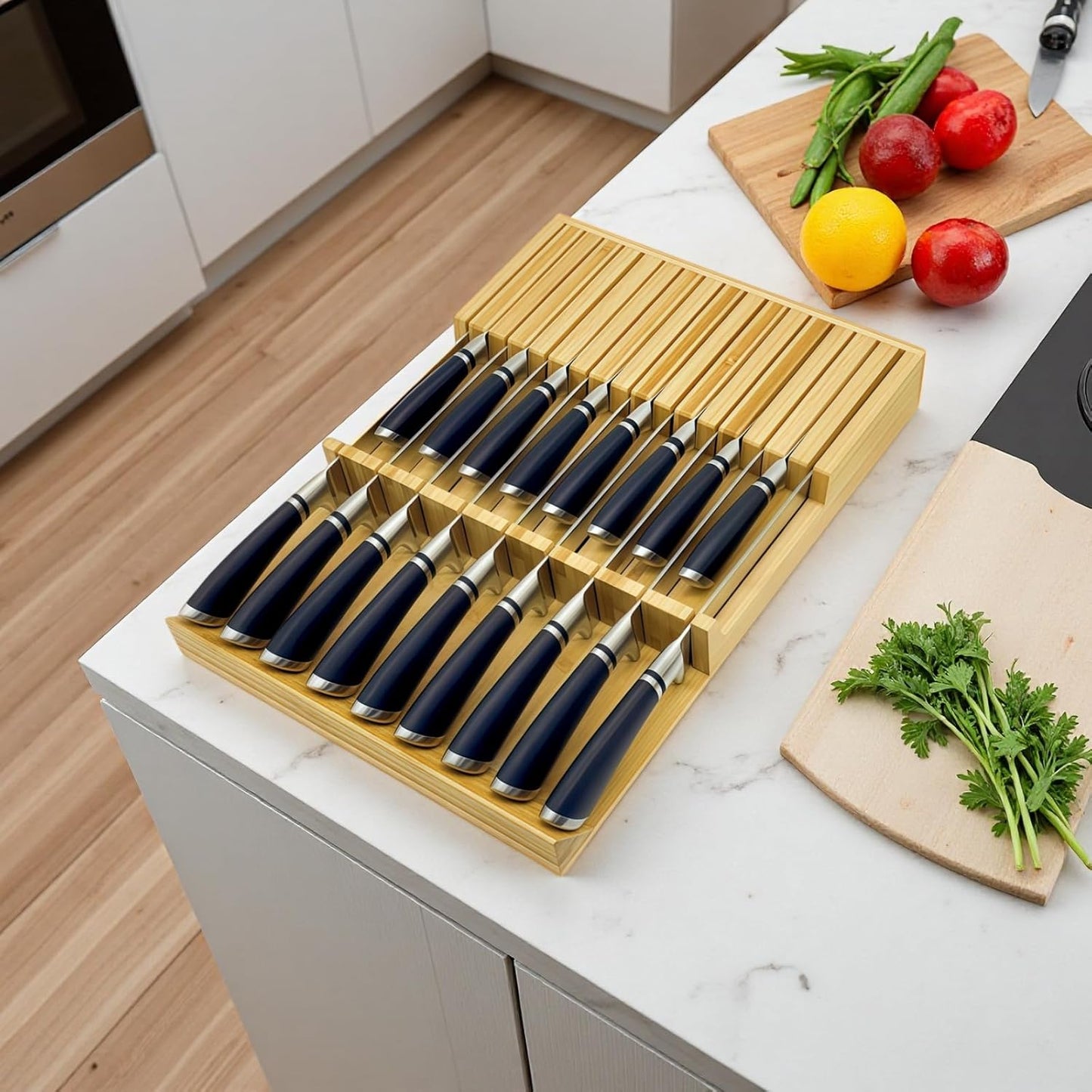 In-Drawer Bamboo Knife Block, 17-Slot Anti-Slip Space-Saving Storage | Fits Most Standard Drawers | Holds Up to 17 Knives | Natural Bamboo Finish | Secure Stable Knife Drawer Insert Organizer 2