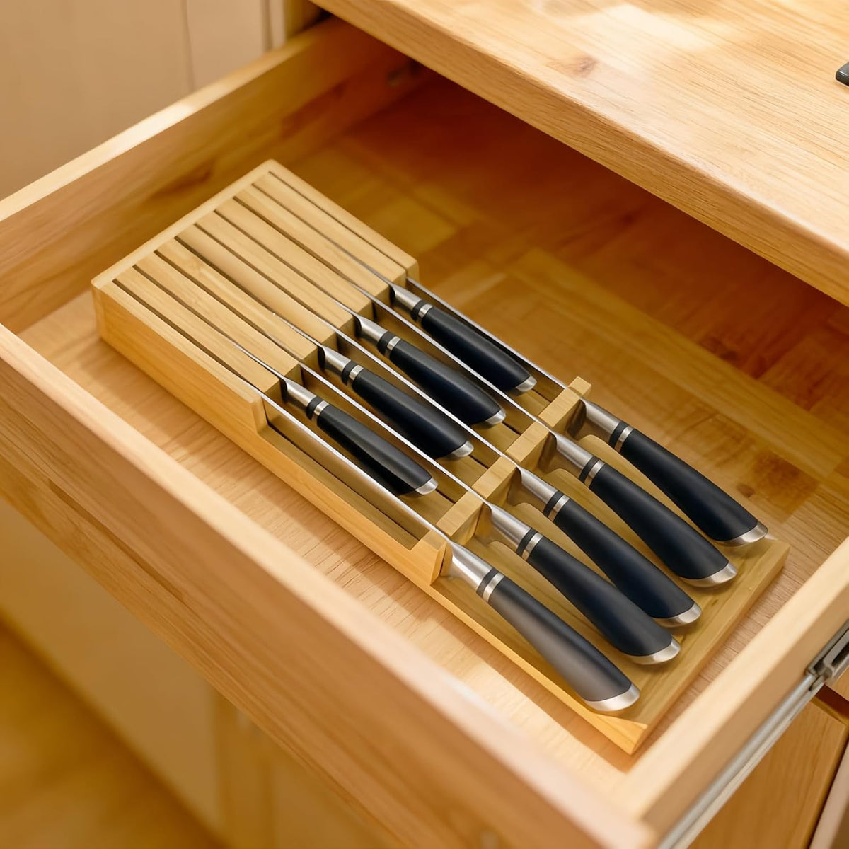 In-Drawer Bamboo Knife Block, 17-Slot Anti-Slip Space-Saving Storage | Fits Most Standard Drawers | Holds Up to 17 Knives | Natural Bamboo Finish | Secure Stable Knife Drawer Insert Organizer 2