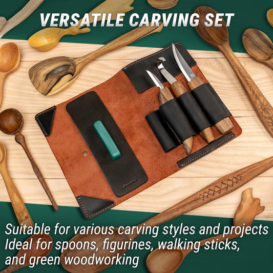 Spoon Wood Carving Kit - Spoon Carving Tools Set with Hook Knife, Sloyd, Chip, Small Detail Whittling Knives S13X - Deluxe Whittling Knife Set with & Leather Strop and Leather Case