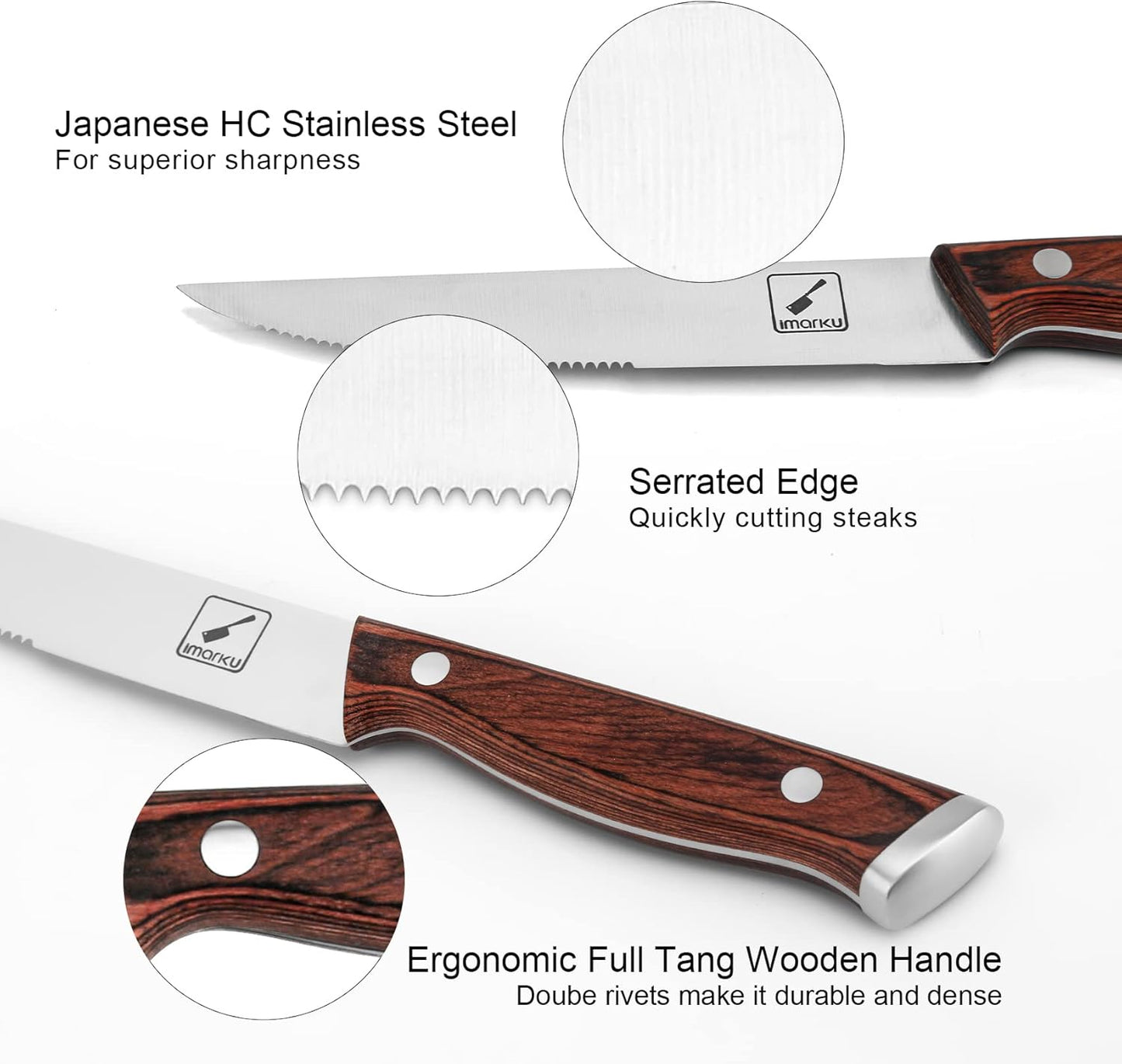 Steak Knives, Serrated Steak knives Set of 6, Japanese HC Steel Knife Set, Premium Serrated Carbon Stainless Steel Steak Knife with Gift Box,9 Inches/Piece, Silver