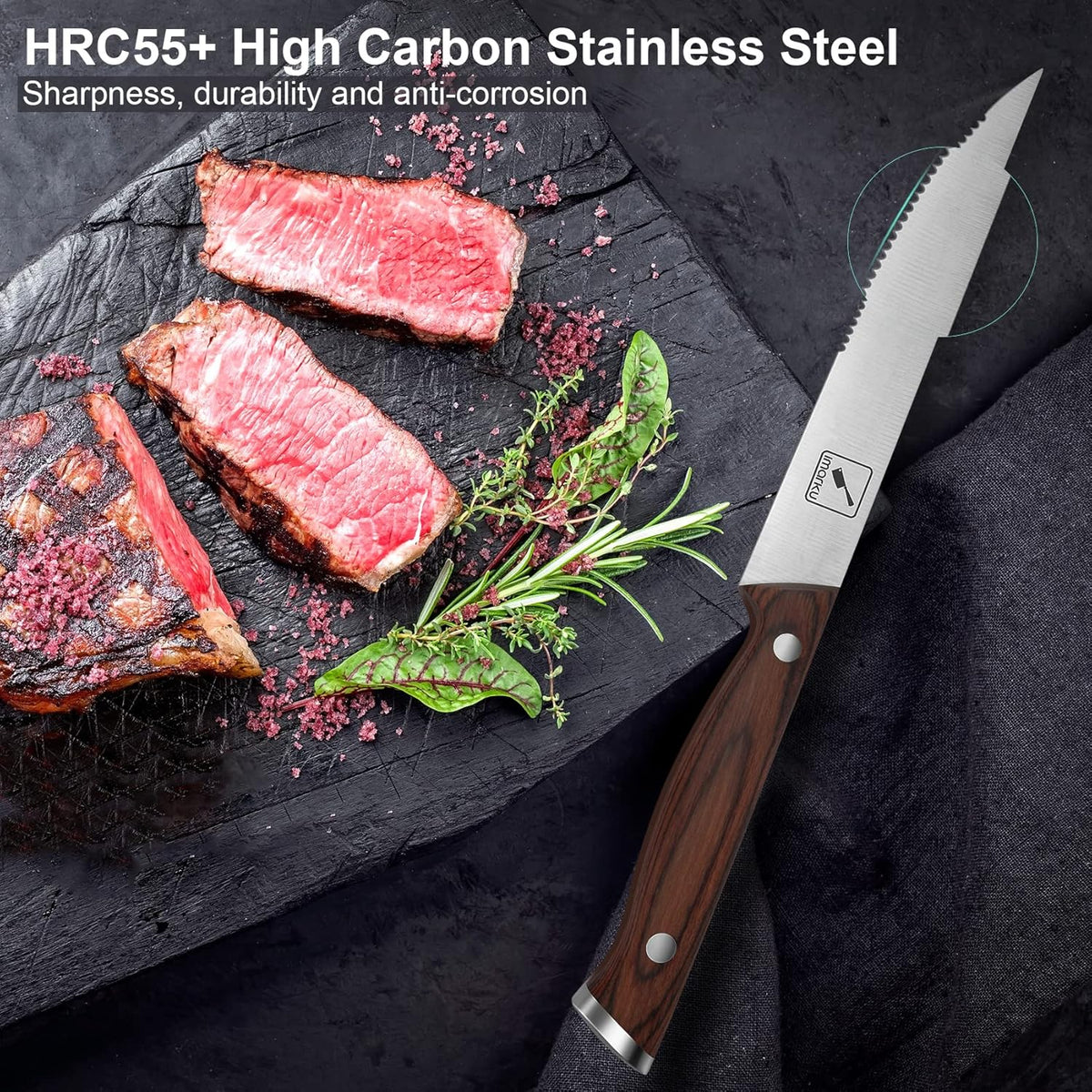 Steak Knives, Serrated Steak knives Set of 6, Japanese HC Steel Knife Set, Premium Serrated Carbon Stainless Steel Steak Knife with Gift Box,9 Inches/Piece, Silver