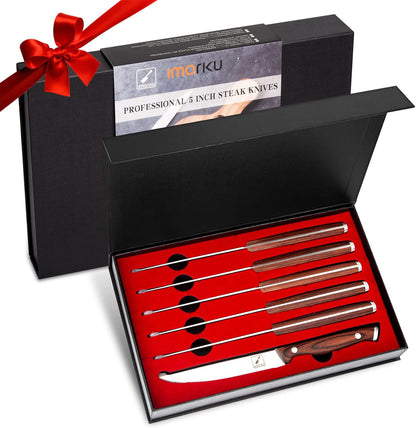 Steak Knives, Serrated Steak knives Set of 6, Japanese HC Steel Knife Set, Premium Serrated Carbon Stainless Steel Steak Knife with Gift Box,9 Inches/Piece, Silver