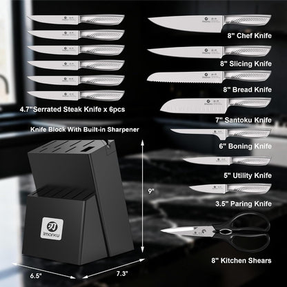 Steak Knives, Serrated Steak knives Set of 6, Japanese HC Steel Knife Set, Premium Serrated Carbon Stainless Steel Steak Knife with Gift Box,9 Inches/Piece, Silver