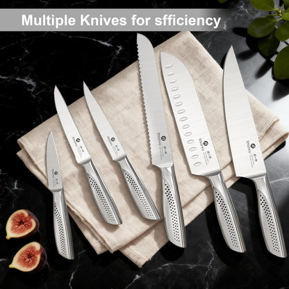 Steak Knives, Serrated Steak knives Set of 6, Japanese HC Steel Knife Set, Premium Serrated Carbon Stainless Steel Steak Knife with Gift Box,9 Inches/Piece, Silver