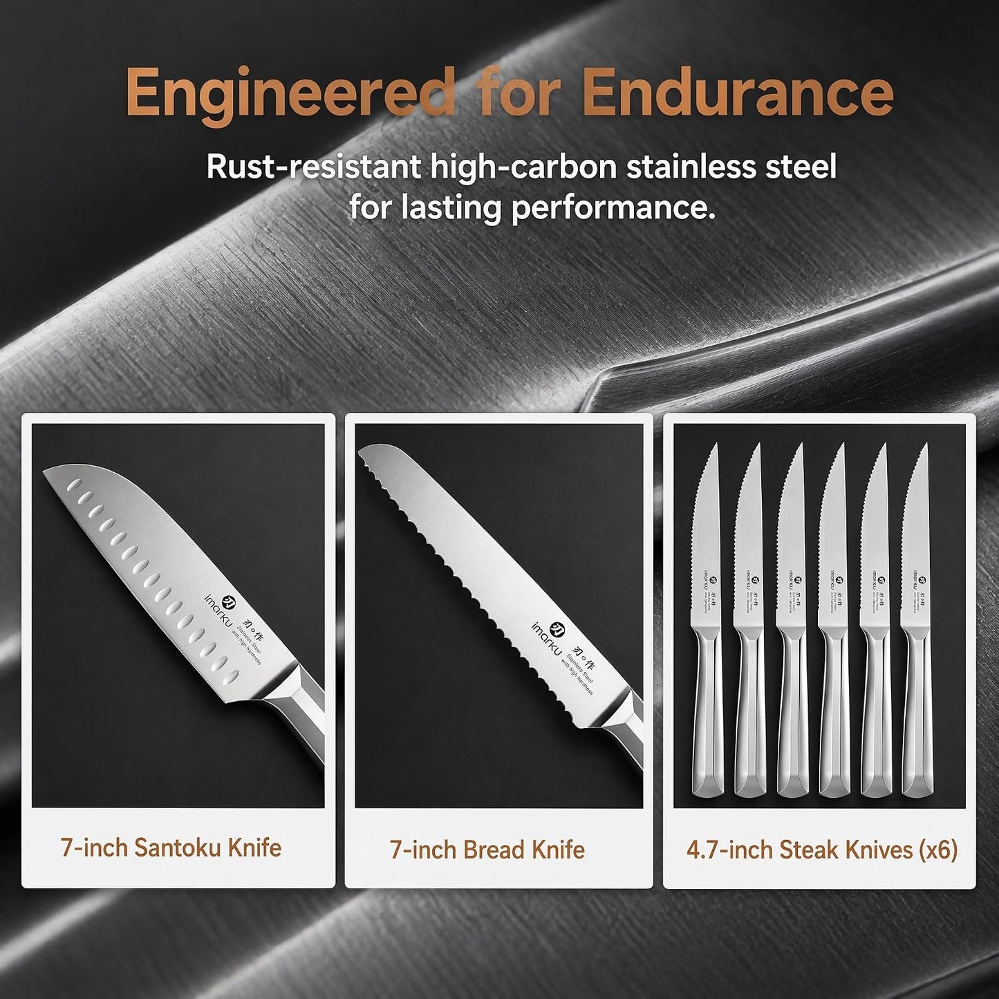 Steak Knives, Serrated Steak knives Set of 6, Japanese HC Steel Knife Set, Premium Serrated Carbon Stainless Steel Steak Knife with Gift Box,9 Inches/Piece, Silver