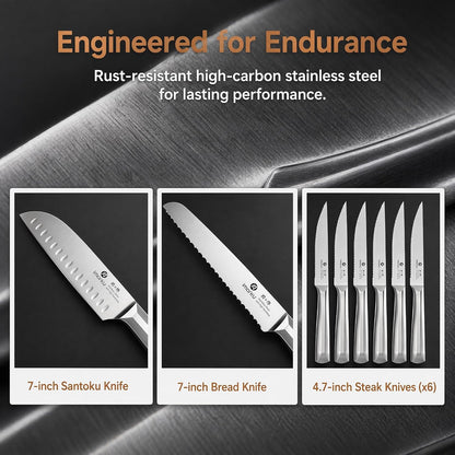 Steak Knives, Serrated Steak knives Set of 6, Japanese HC Steel Knife Set, Premium Serrated Carbon Stainless Steel Steak Knife with Gift Box,9 Inches/Piece, Silver