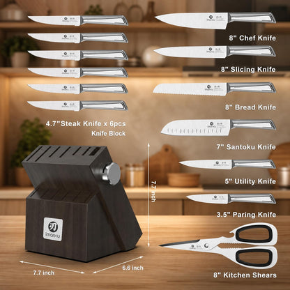 Steak Knives, Serrated Steak knives Set of 6, Japanese HC Steel Knife Set, Premium Serrated Carbon Stainless Steel Steak Knife with Gift Box,9 Inches/Piece, Silver