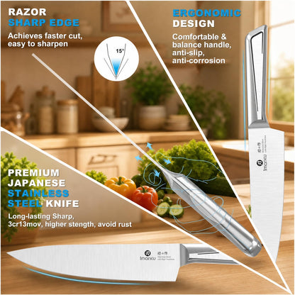 Steak Knives, Serrated Steak knives Set of 6, Japanese HC Steel Knife Set, Premium Serrated Carbon Stainless Steel Steak Knife with Gift Box,9 Inches/Piece, Silver